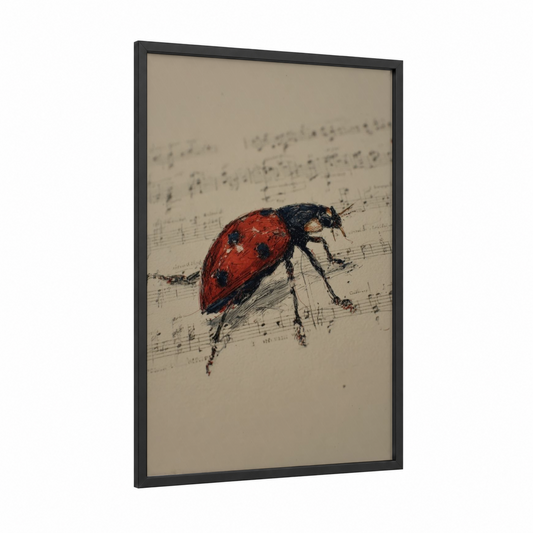 Musical Ladybug framed art print — black wood frame — red and cream palette