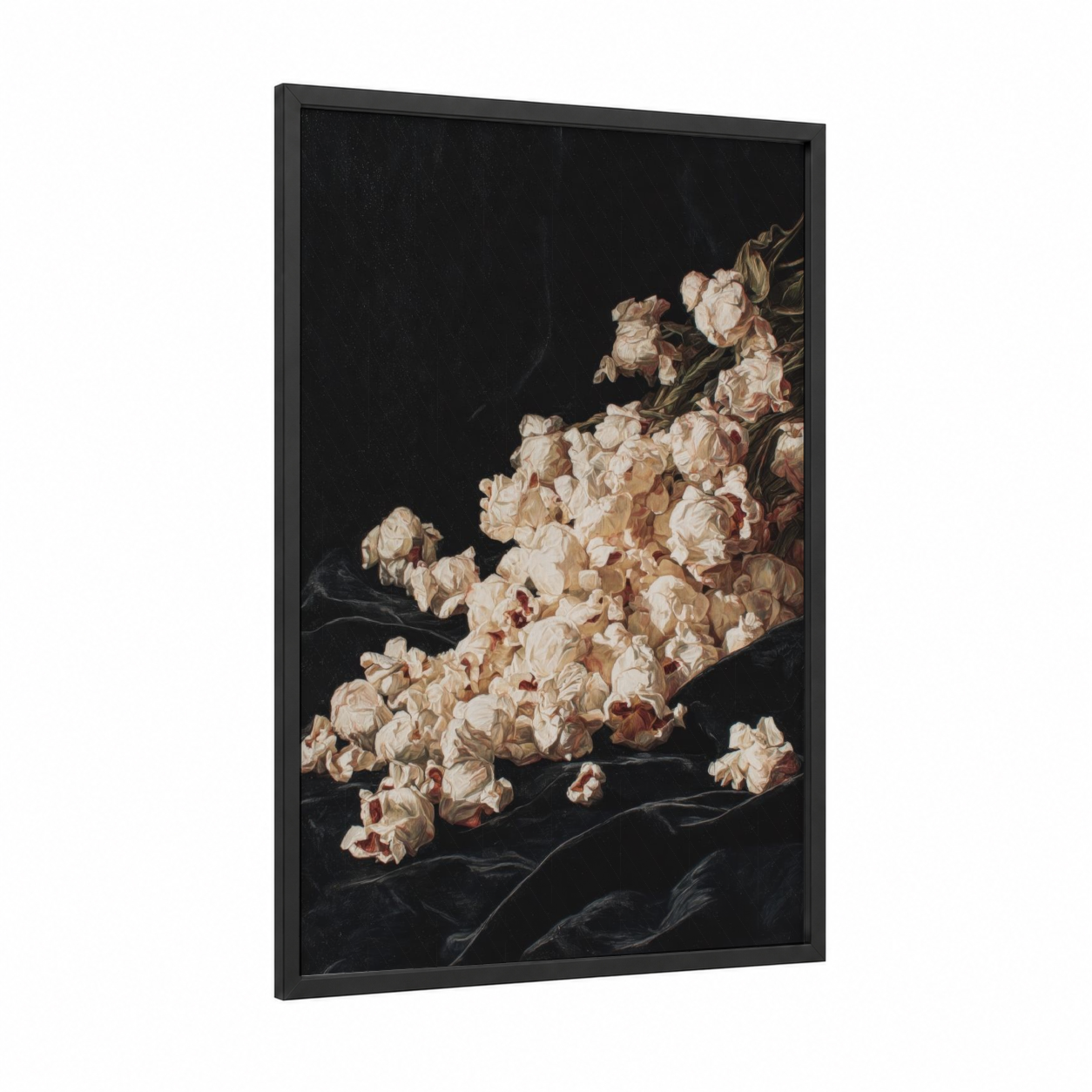 Spilled Popcorn framed art print — black wood frame — black and cream palette