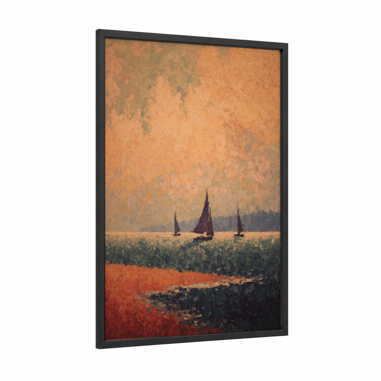 Golden Horizon Sailboats framed sailing ship print — black wood frame — gold and russet palette