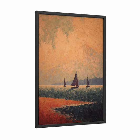 Golden Horizon Sailboats framed sailing ship print — black wood frame — gold and russet palette
