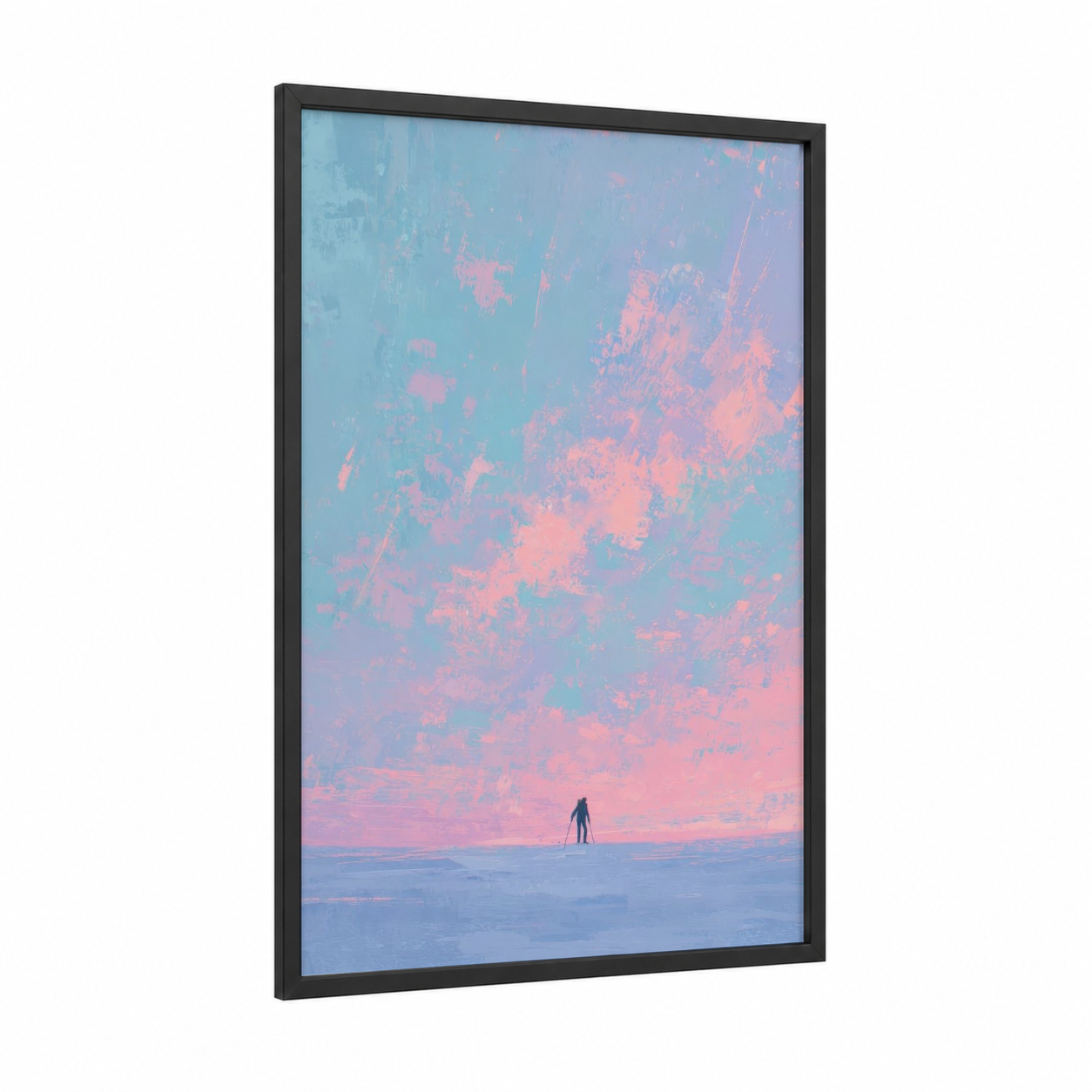 Solitary Skier framed skiing print — black wood frame — turquoise and salmon pink palette