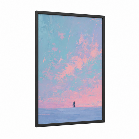 Solitary Skier framed skiing print — black wood frame — turquoise and salmon pink palette