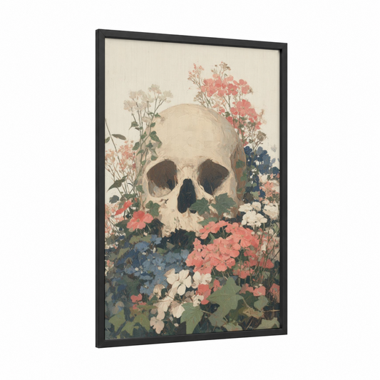 Floral Skull Garden framed art print — black wood frame — cream and salmon pink palette