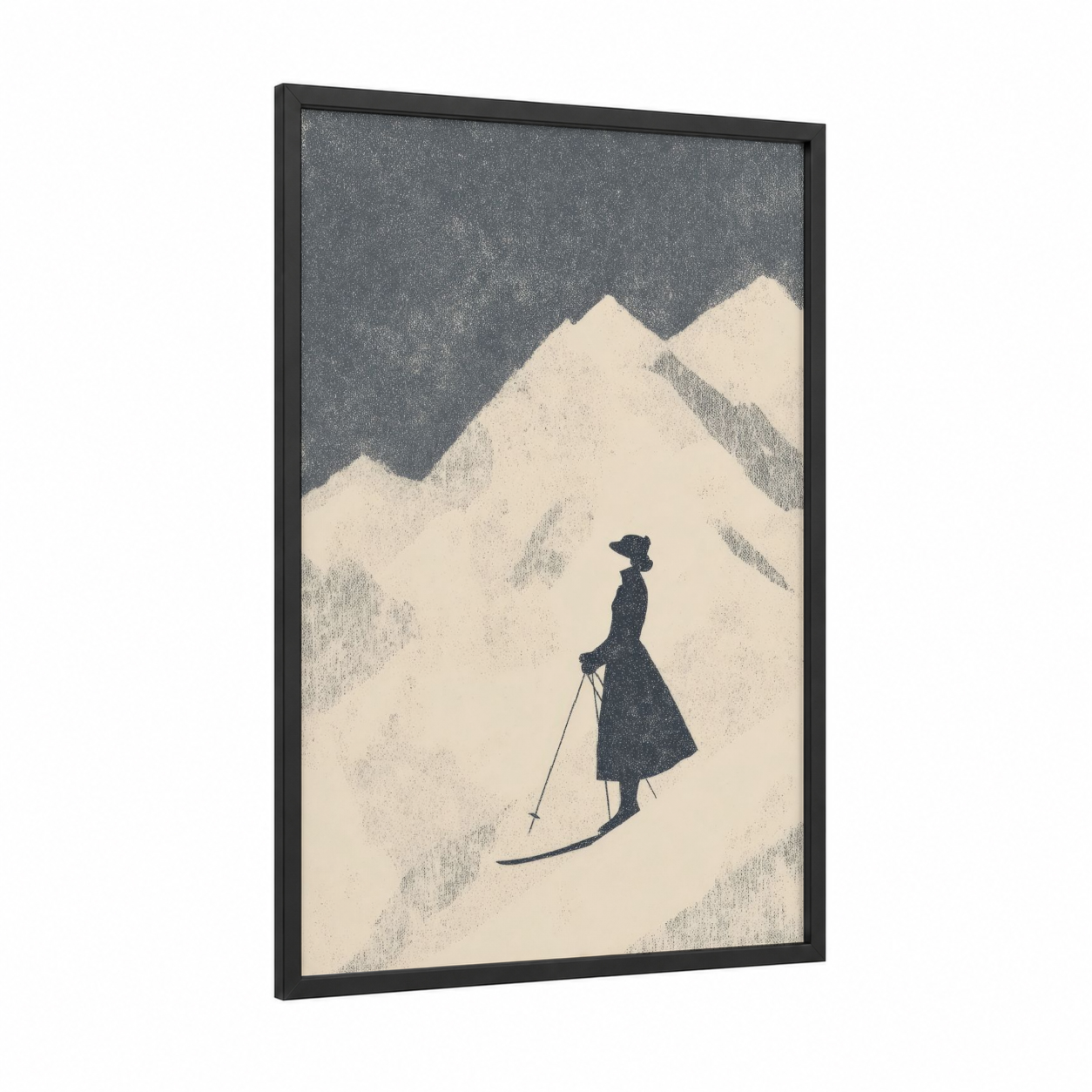 Solitary Skier framed skiing print — black wood frame — gray and black and white palette
