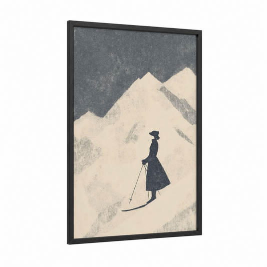 Solitary Skier framed skiing print — black wood frame — gray and black and white palette