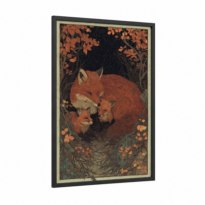 Autumn Fox Family framed art print — black wood frame — russet and dark green palette
