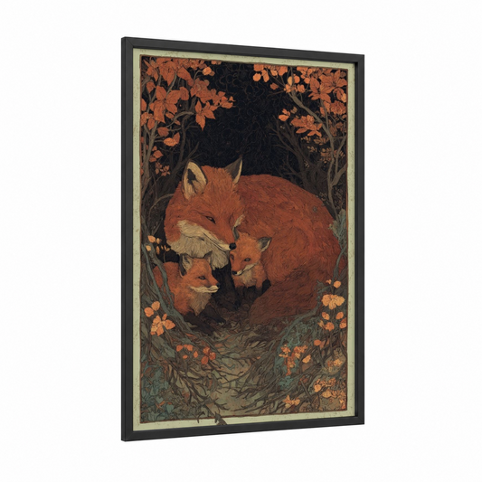 Autumn Fox Family framed art print — black wood frame — russet and dark green palette