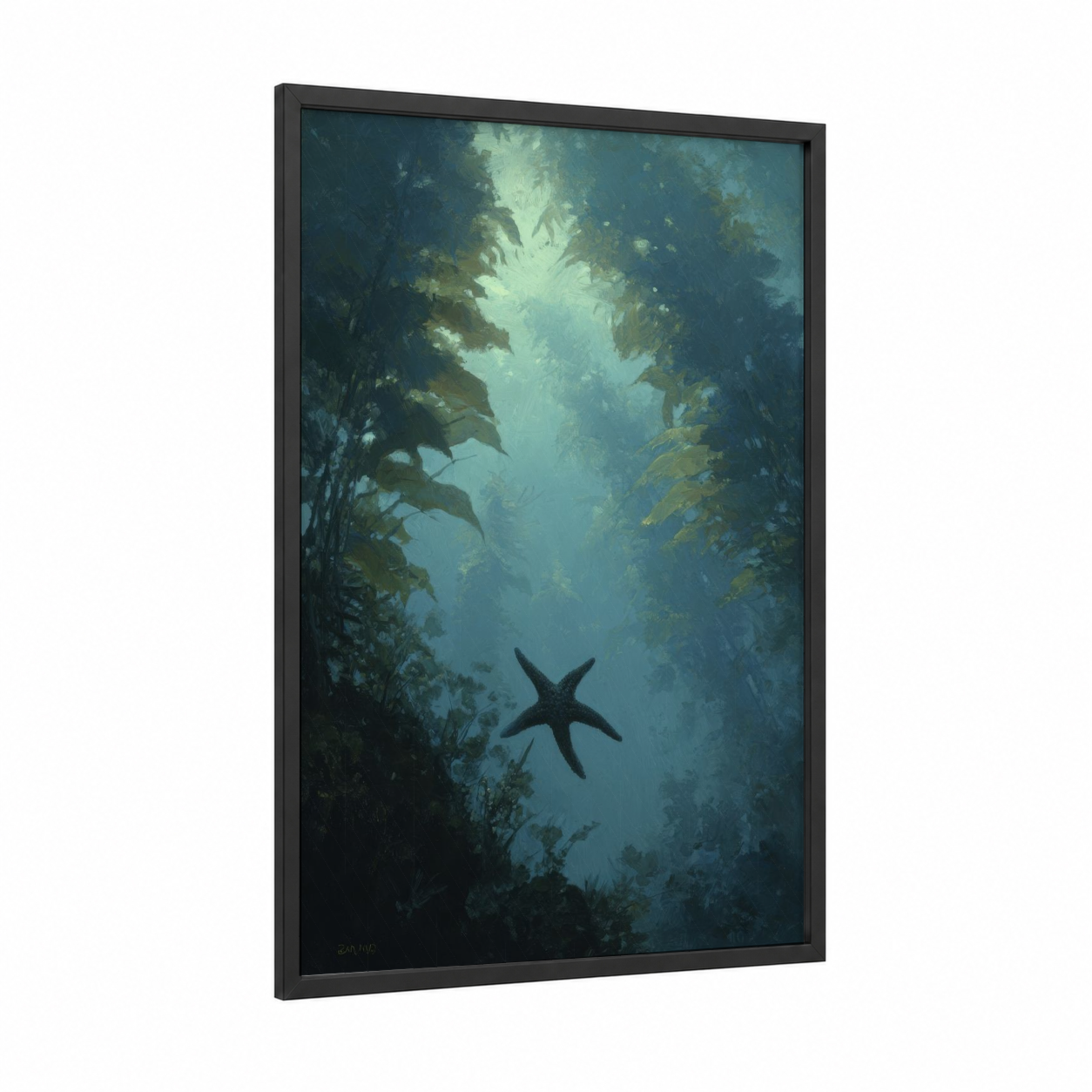 Sunlit Starfish framed art print — black wood frame — teal and light green palette