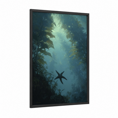 Sunlit Starfish framed art print — black wood frame — teal and light green palette