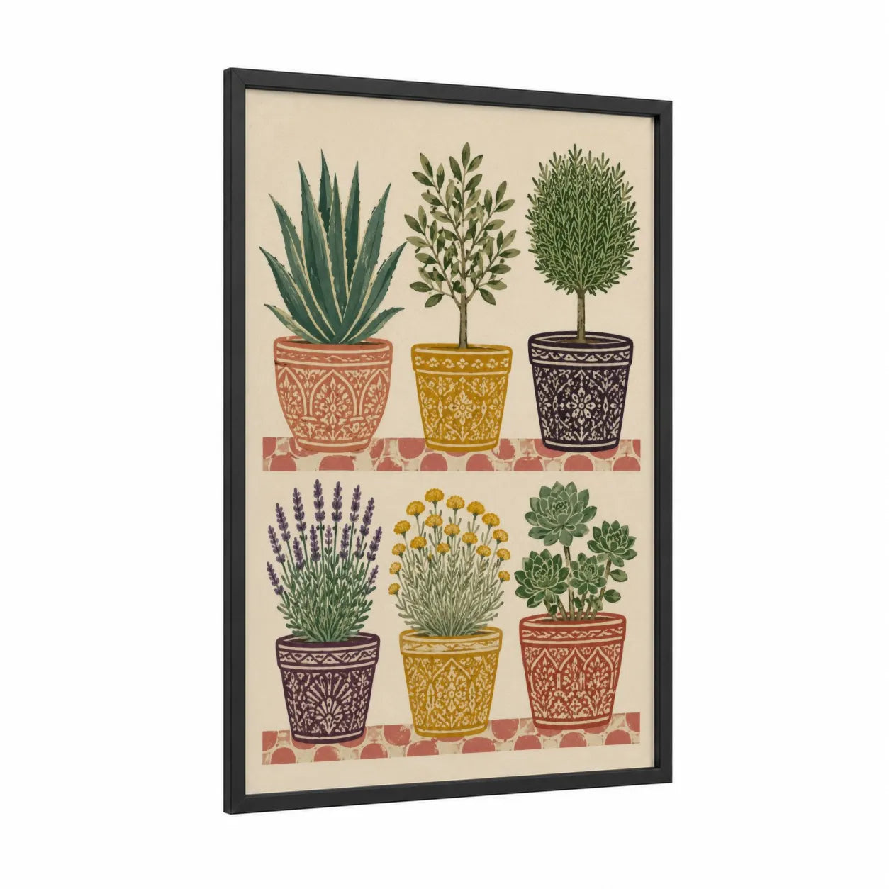 Botanical Potted Plants Wall Art framed succulent print — black wood frame — beige and true green palette