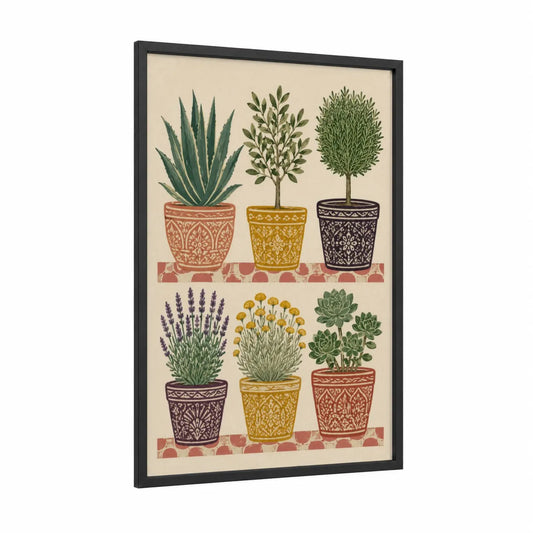 Botanical Potted Plants Wall Art framed succulent print — black wood frame — beige and true green palette