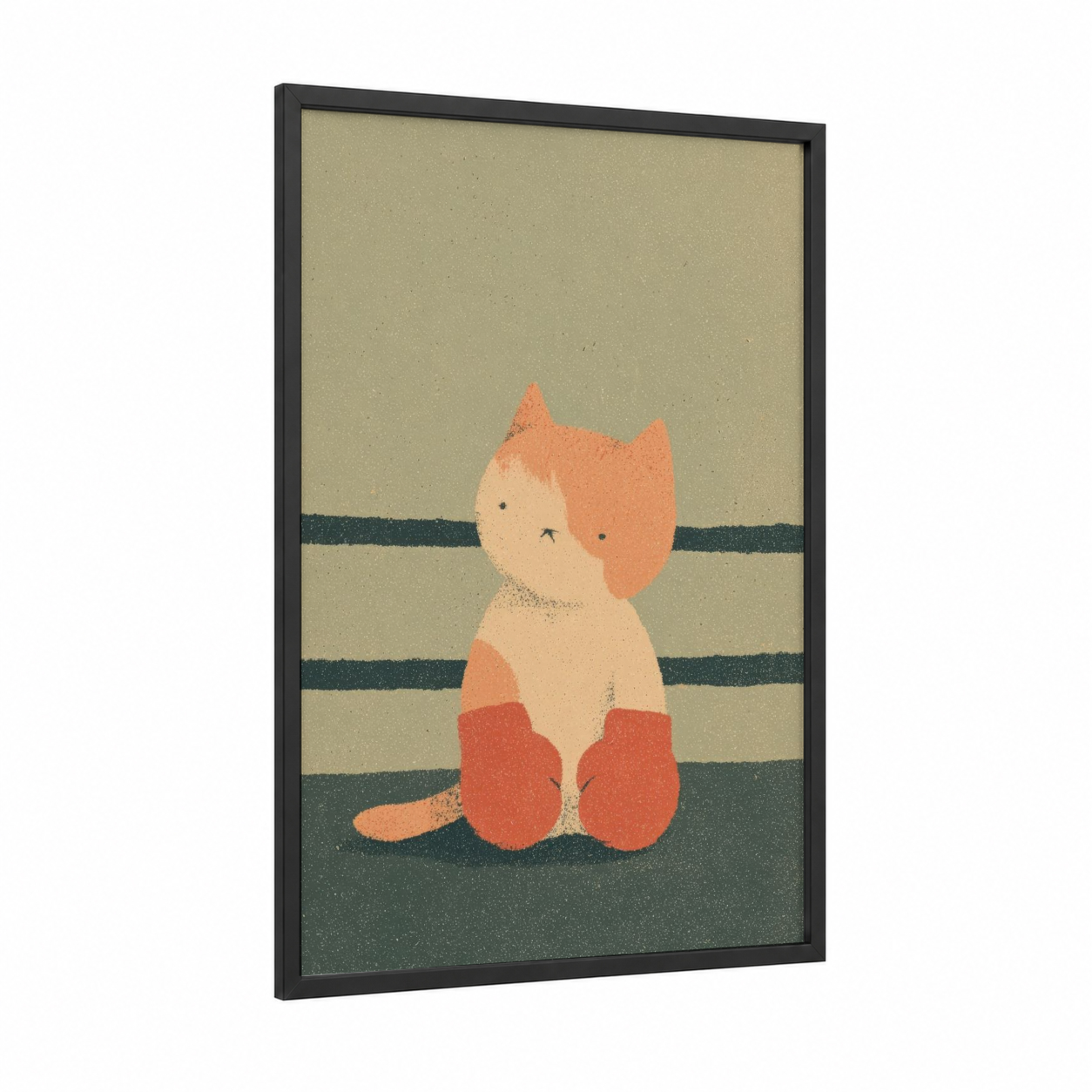 Sparring Kitten framed kick boxing print — black wood frame — beige and sage green palette