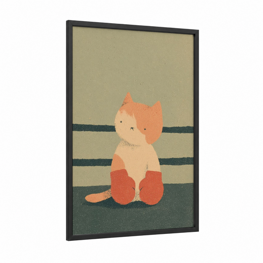 Sparring Kitten framed kick boxing print — black wood frame — beige and sage green palette