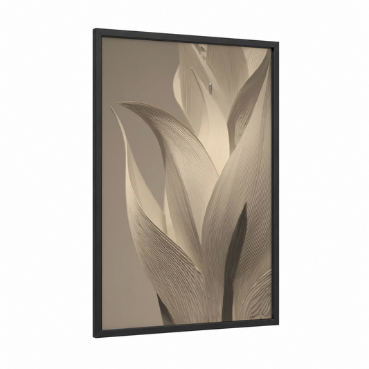 Sculptural Lily framed art print — black wood frame — beige and cream palette