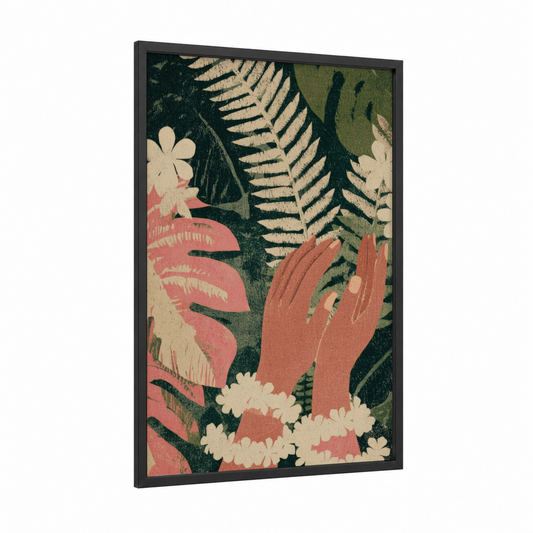 Tropical Hula Hands framed art print — black wood frame — dark green and salmon pink palette