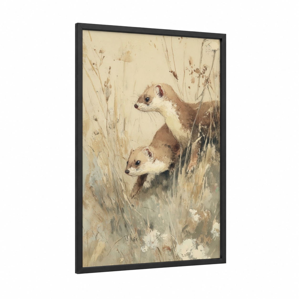 Alert Weasel Pair framed art print — black wood frame — cream and russet palette