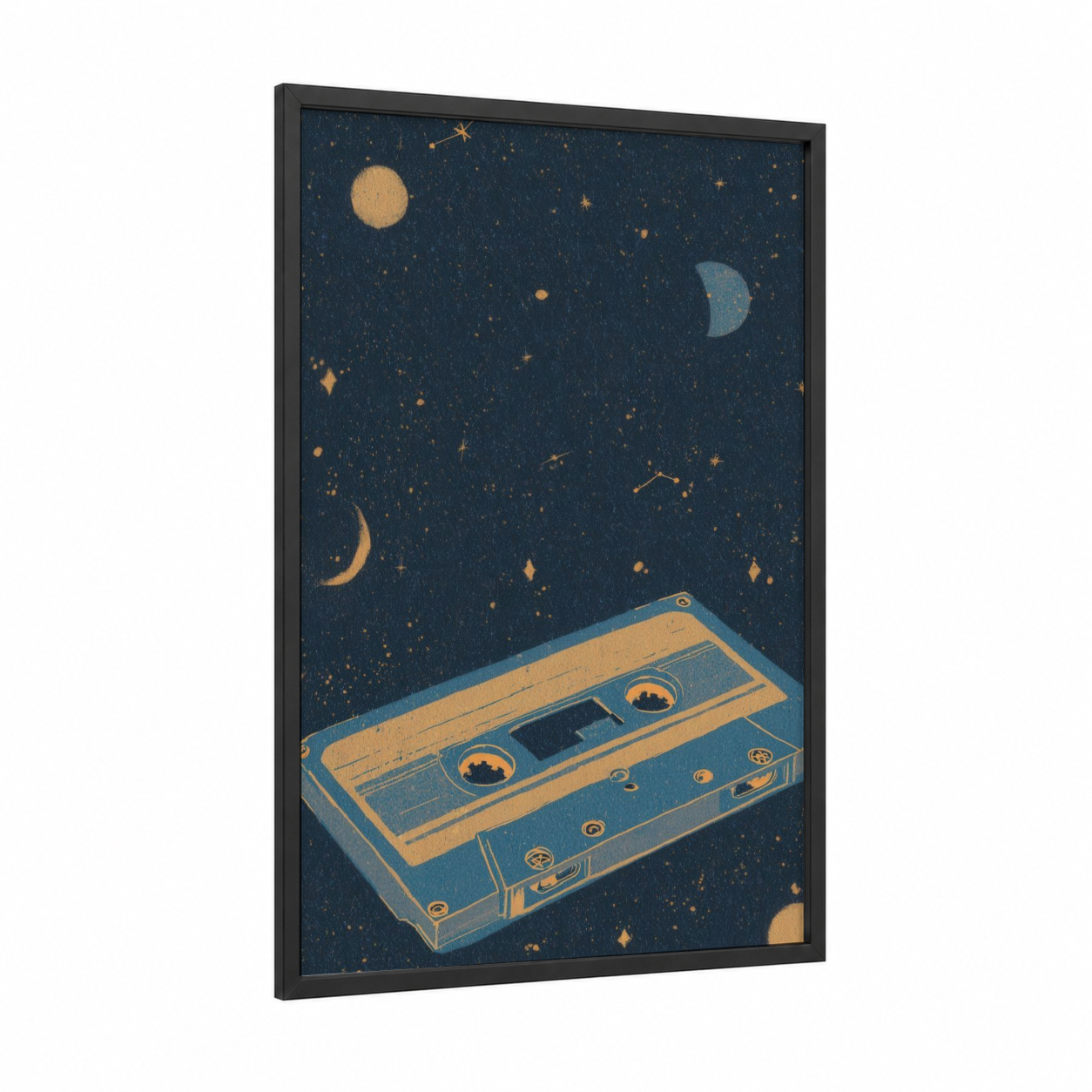 Cosmic Cassette framed casette print — black wood frame — dark blue and gold palette