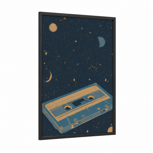 Cosmic Cassette framed casette print — black wood frame — dark blue and gold palette