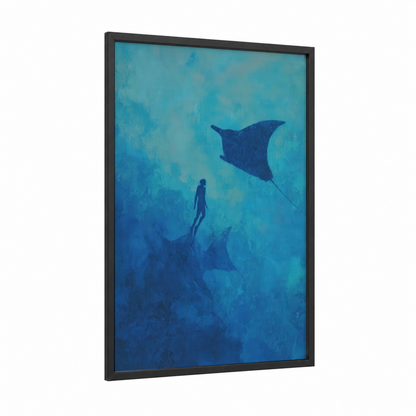 Manta Ray Encounter framed diving print — black wood frame — blue and teal palette