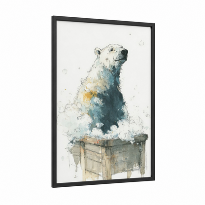 Snowy Bear Portrait framed polar bear print — black wood frame — blue and white and gold palette