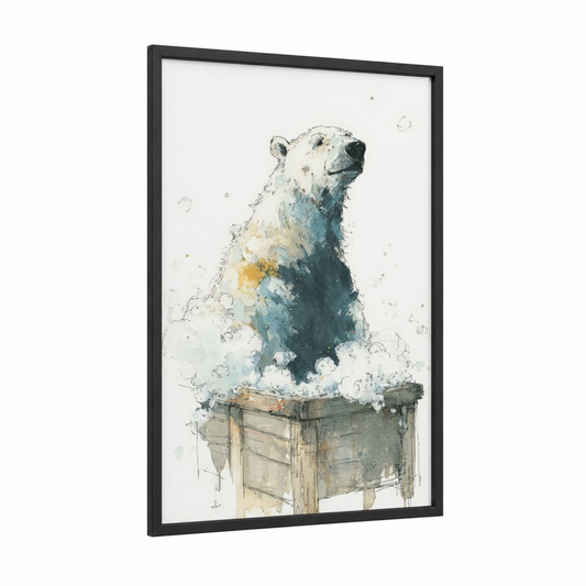 Snowy Bear Portrait framed polar bear print — black wood frame — blue and white and gold palette