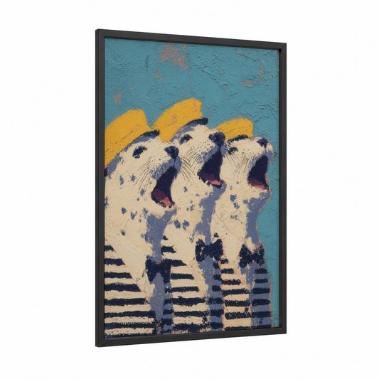 Cheerful Seals Trio framed art print — black wood frame — turquoise and yellow gold palette