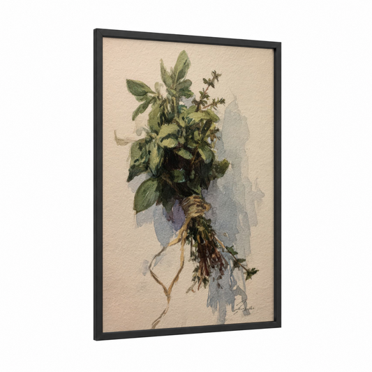 Herb Roots Study framed herbs print — black wood frame — light green and cream palette