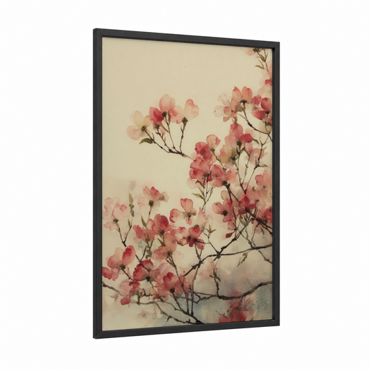 Pink Dogwood Blossoms framed art print — black wood frame — cream and salmon pink palette