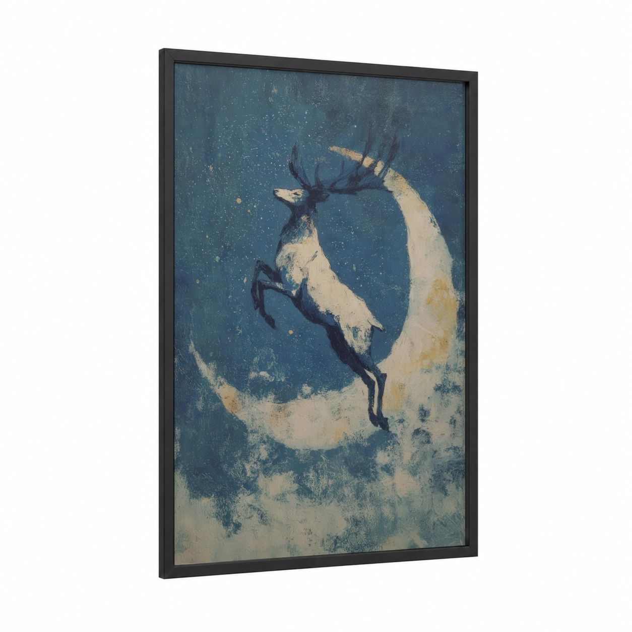 Leaping Elk Pair framed art print — black wood frame — dark blue and gold and white palette