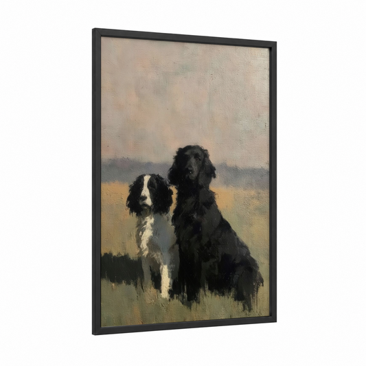 Fieldside Spaniel Pair framed art print — black wood frame — cream and gray palette