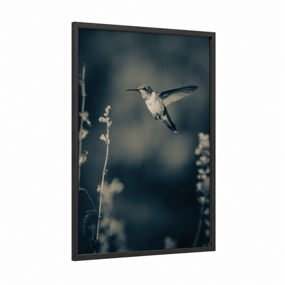Frosted Hummingbird framed art print — black wood frame — blue and white and gray palette