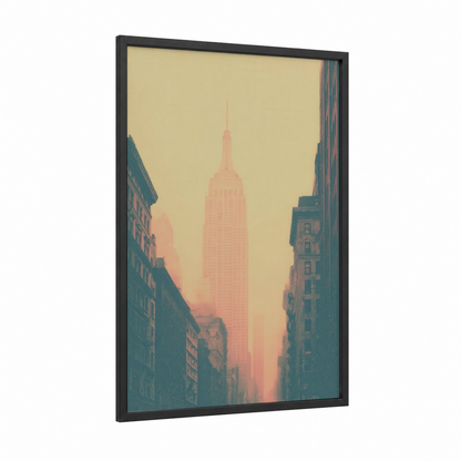 Misty Manhattan Dawn framed empire state building print — black wood frame — peach and dove gray palette