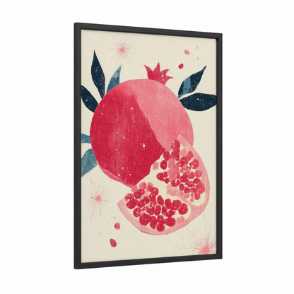 Crimson Pomegranate framed fruit print — black wood frame — red and cream palette