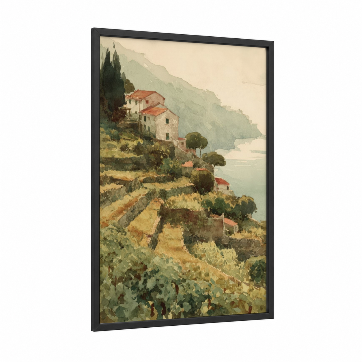 Tuscan Vineyard framed vineyards print — black wood frame — cream and olive palette