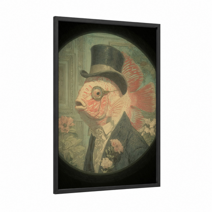 Dapper Discus Fish framed art print — black wood frame — sage green and salmon pink palette
