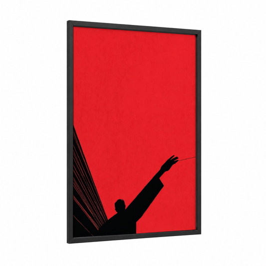 Bold Theater Silhouette framed art print — black wood frame — red and black palette