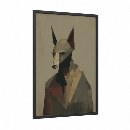 Geometric Werewolf framed art print — black wood frame — beige and maroon palette