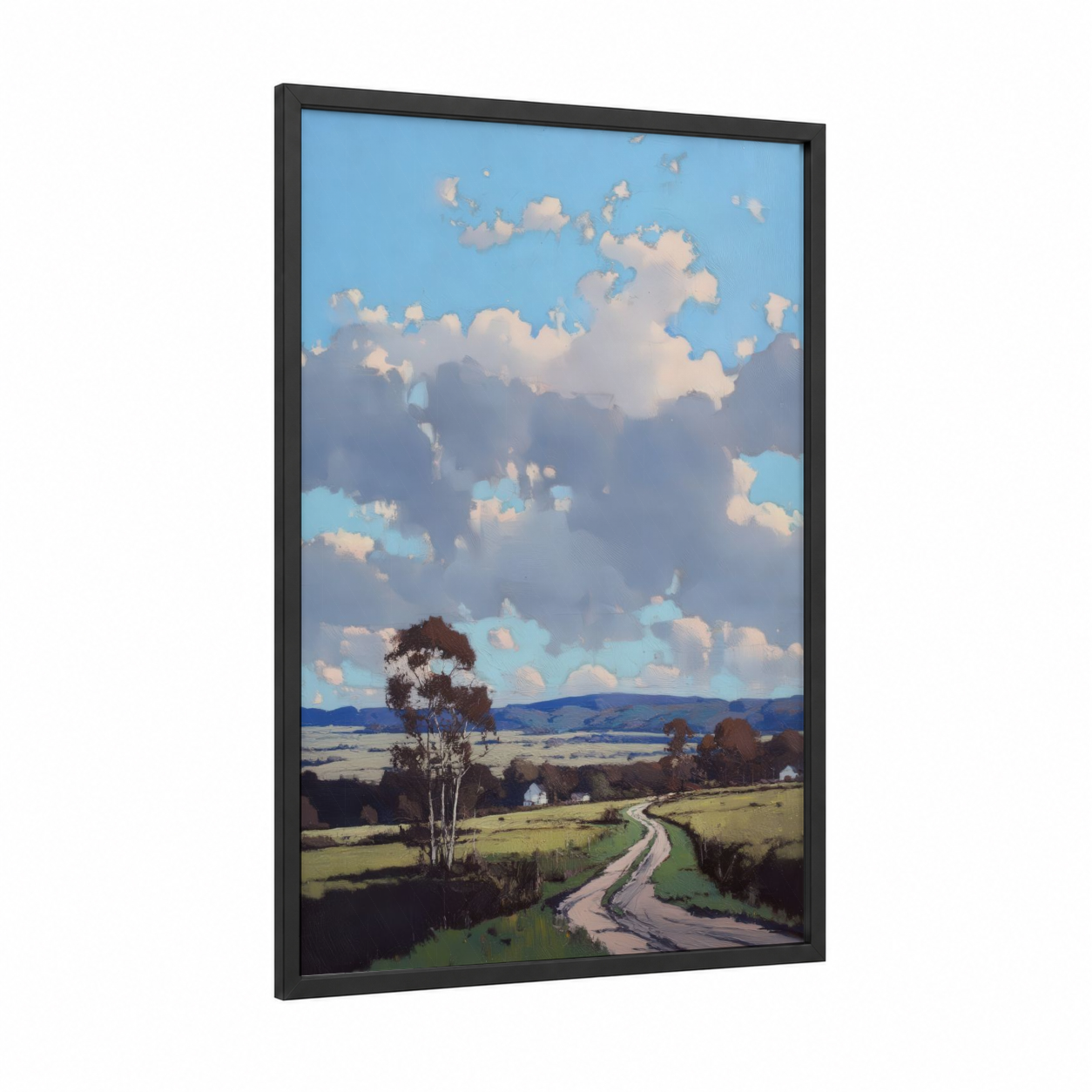 Countryside Dream Lane framed various landscapes print — black wood frame — blue and green palette
