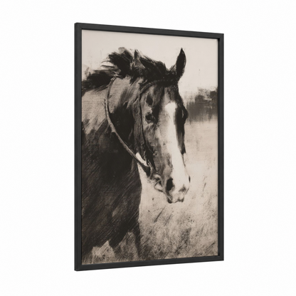 Saddled Thoroughbred framed thoroughbred horse print — black wood frame — black and white and gray palette