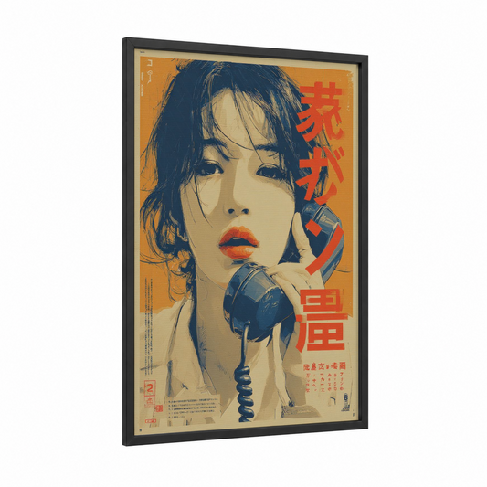 Vintage Japanese Poster framed vintage japanese ads print — black wood frame — orange and dark blue palette
