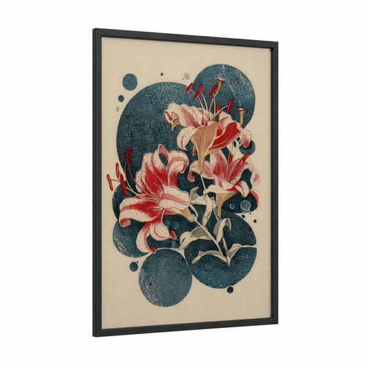 Crimson Amaryllys framed amarillys print — black wood frame — red and teal palette