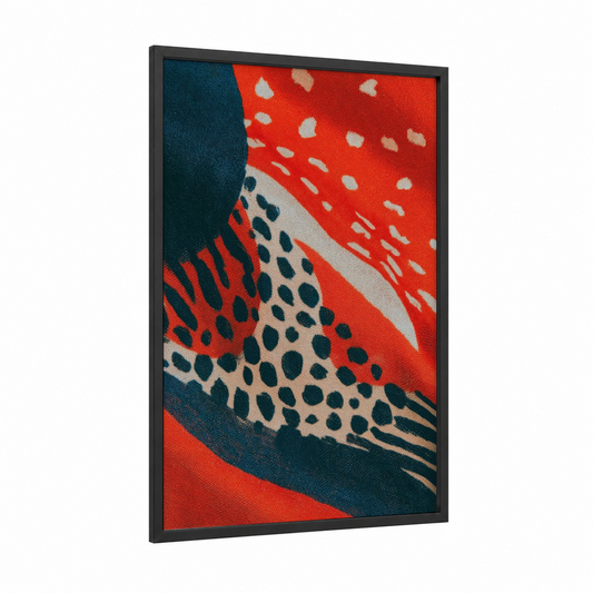 Bold Leopard Scarf framed accessories print — black wood frame — red and black palette