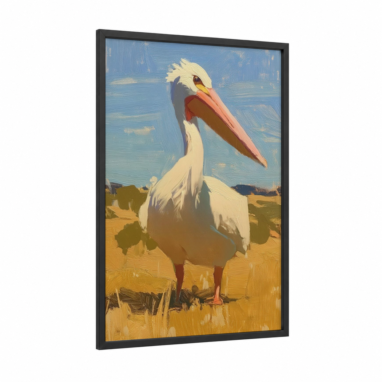 Pelican Portrait framed art print — black wood frame — blue and gold palette