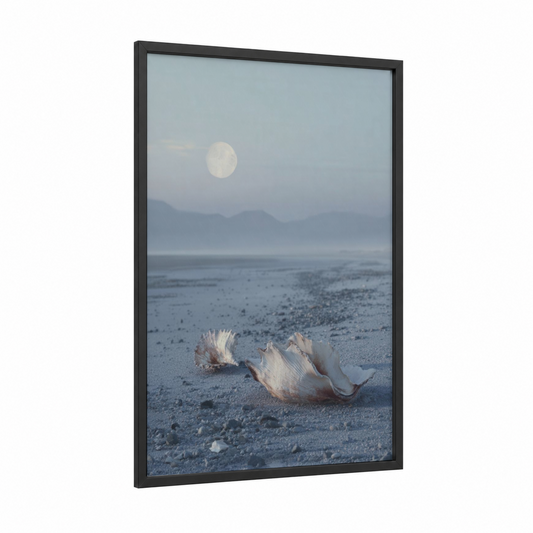 Moonlit Seashells framed sandy beach print — black wood frame — blue and gray palette