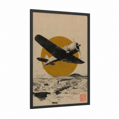 Golden Hour Biplane framed vintage airplane print — black wood frame — gold and black and white palette