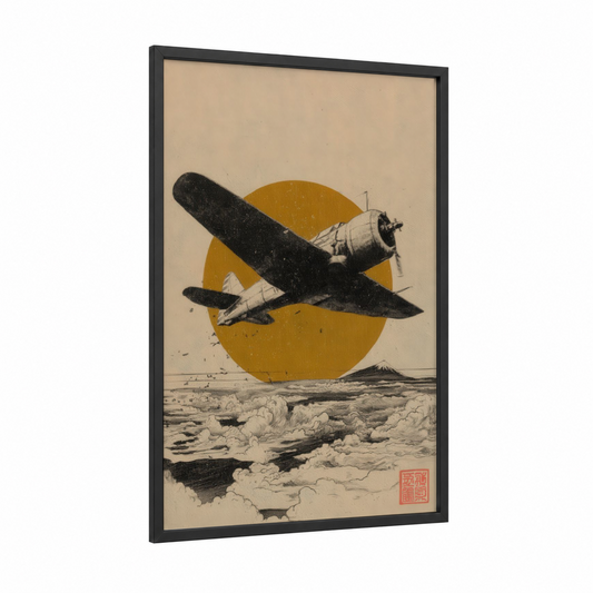 Golden Hour Biplane framed vintage airplane print — black wood frame — gold and black and white palette