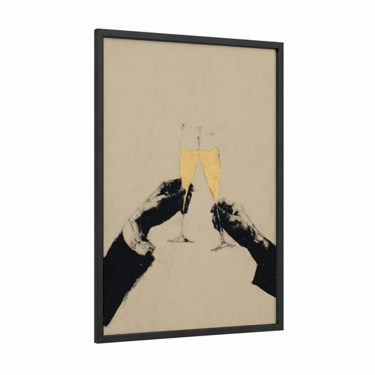 Champagne Toast framed new years eve print — black wood frame — gold and black and white palette
