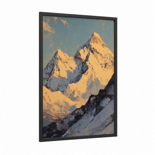 Golden Everest framed mount everest print — black wood frame — gold and blue palette