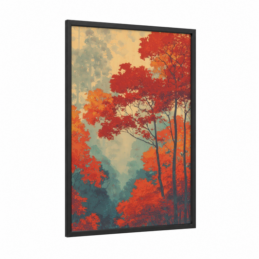 Crimson Maple Forest framed art print — black wood frame — red and teal palette