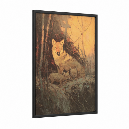 Golden Hour Coyote framed art print — black wood frame — gold and russet palette